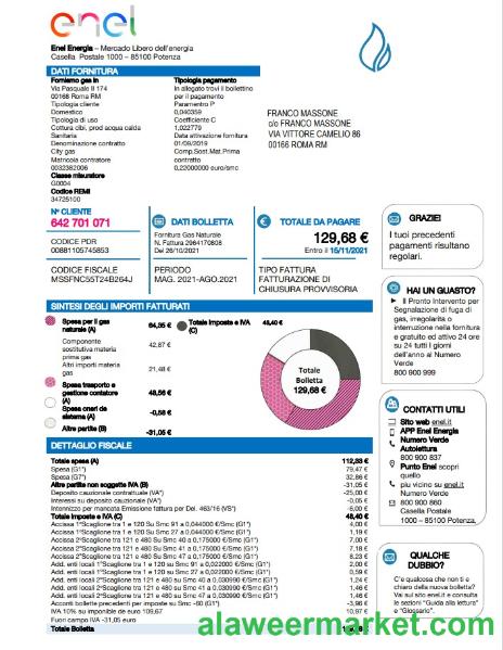 Italy Enel Energia utility bill template in Word and PDF format